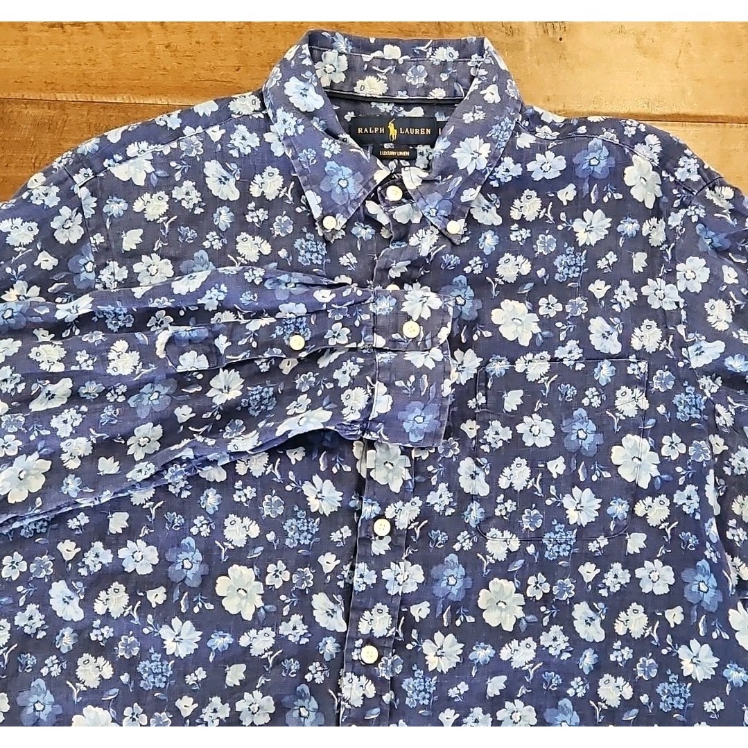 Polo Ralph Lauren Luxury 100% Linen Blue Floral Long Sleeve Button Down Shirt L